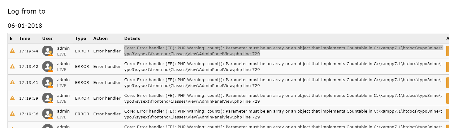 Bug #83500: Core: Error handler (FE): PHP Warning: count(): Parameter ...
